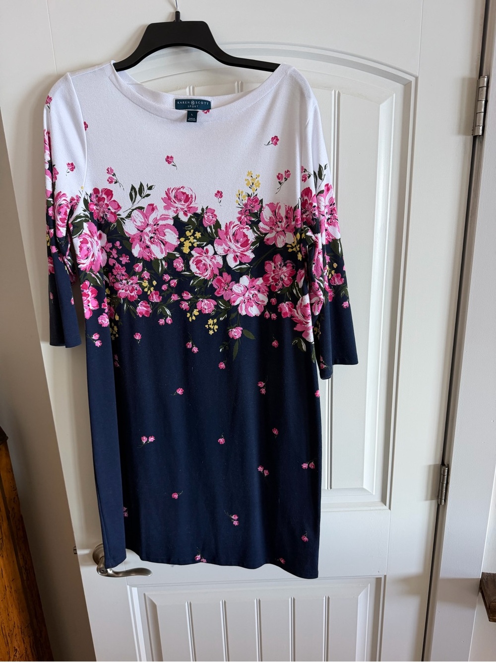 Karen Scott Navy, White & Pink Floral Border Midi Dress